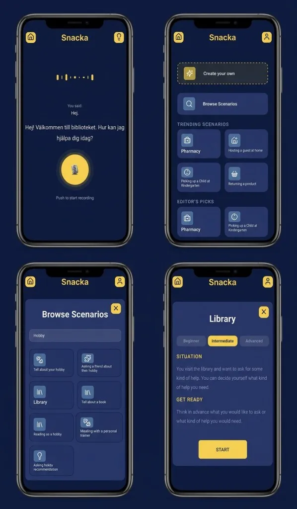 Snacka app screens showing conversation practice and scenario library